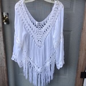 Arianna By Howard White Crochet Fringe Top